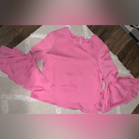 MILLY Pink Silk Crew-Neck Bell Sleeves Blouse ruffle fall casual boho designer - Picture 4 of 6